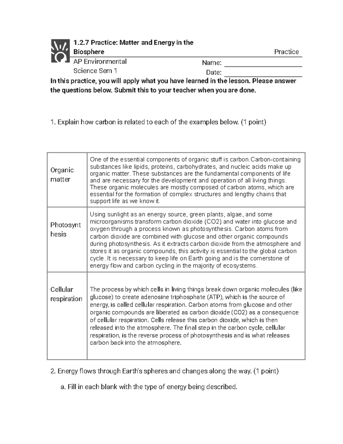 1.2.7 Practice: Matter and Energy in the Biosphere AP Environmental ...