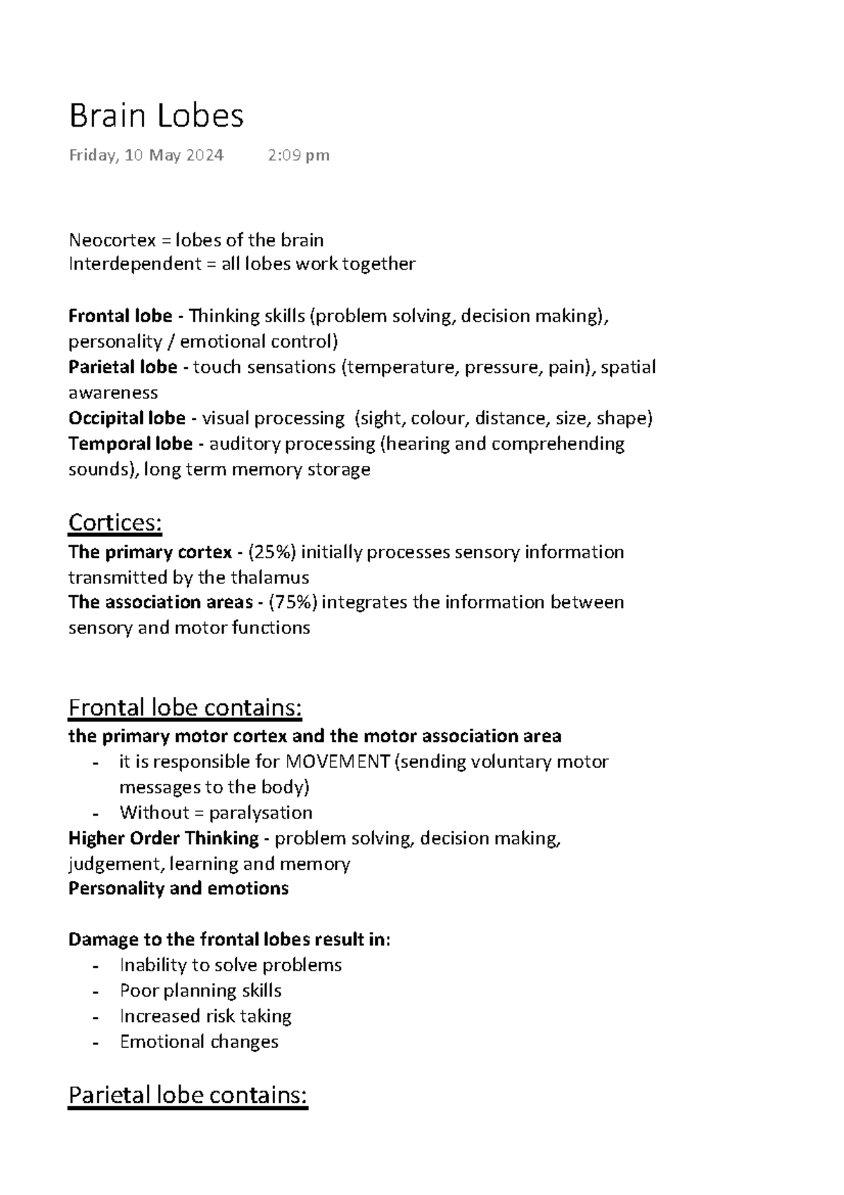 Brain Lobes Overview - 2024 VCE Study Notes for Students - Studocu