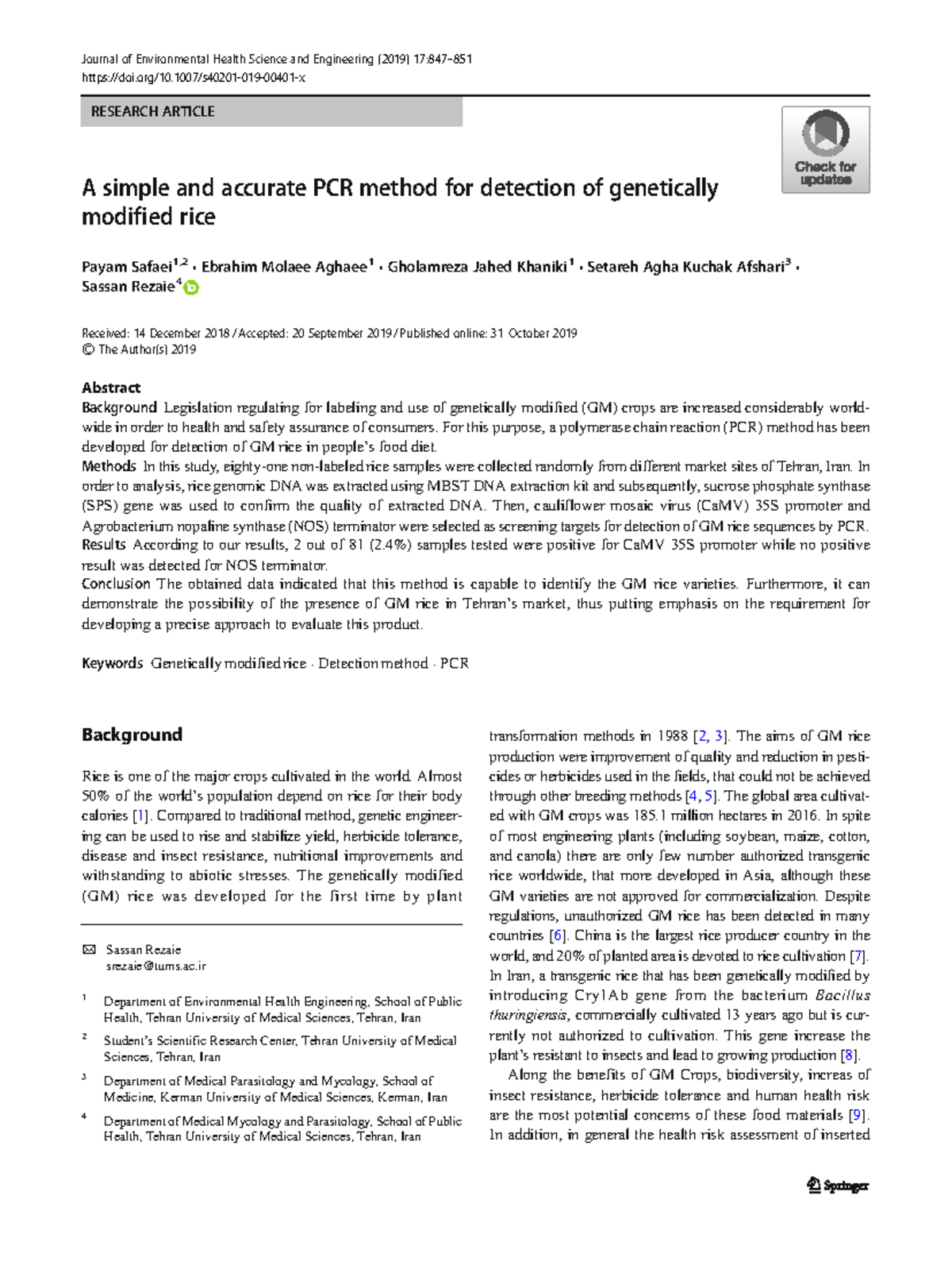 PCR Detection Method for GMO Rice - Biology Research Article - Studocu