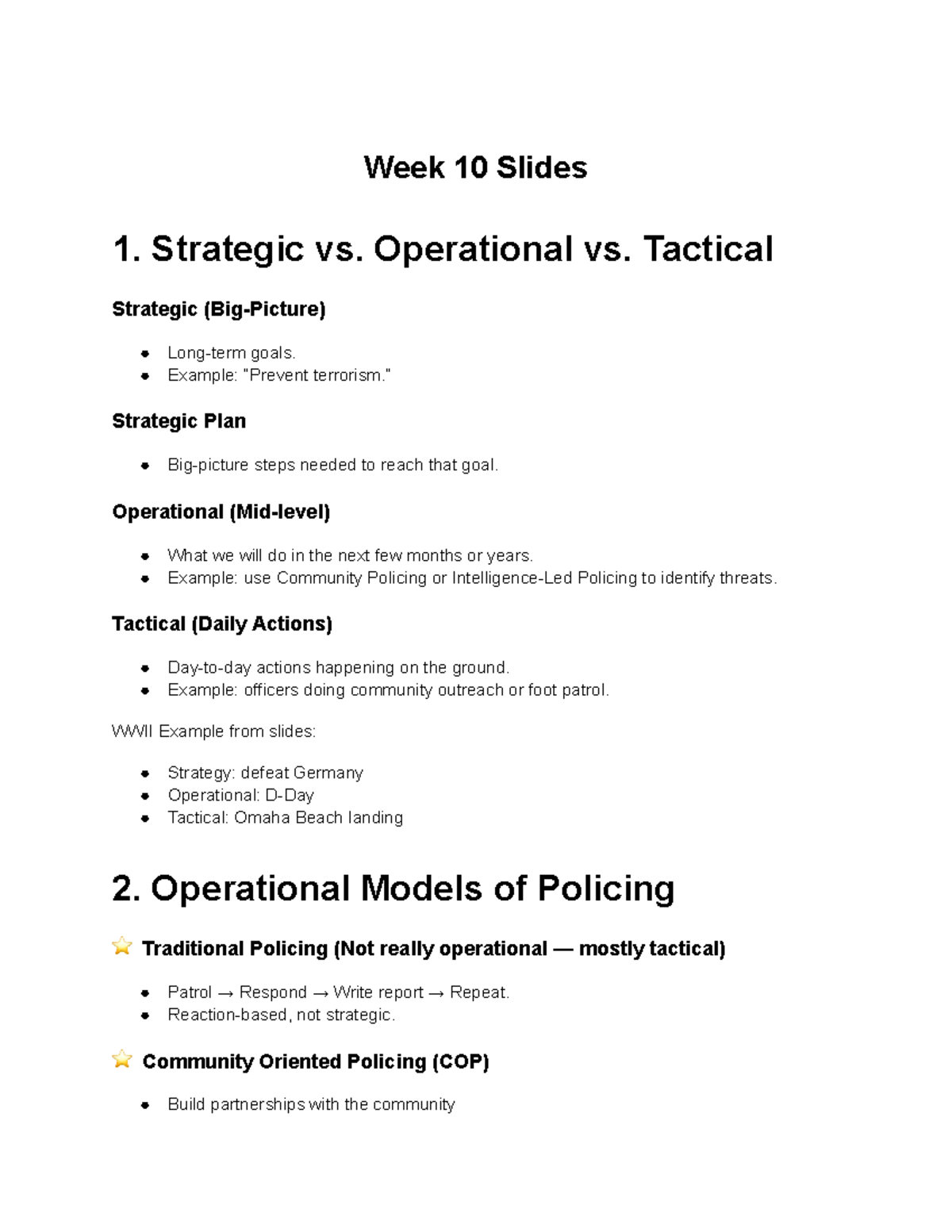 Week 10 Lecture Slides: Policing Models and Incident Management - Studocu