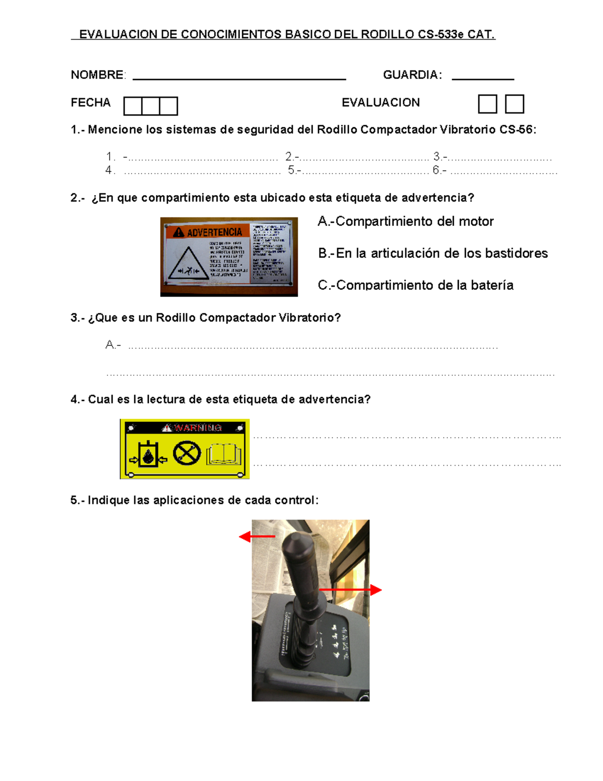 Evaluación de Conocimientos: Rodillo Compactador CS-533e CAT - Studocu