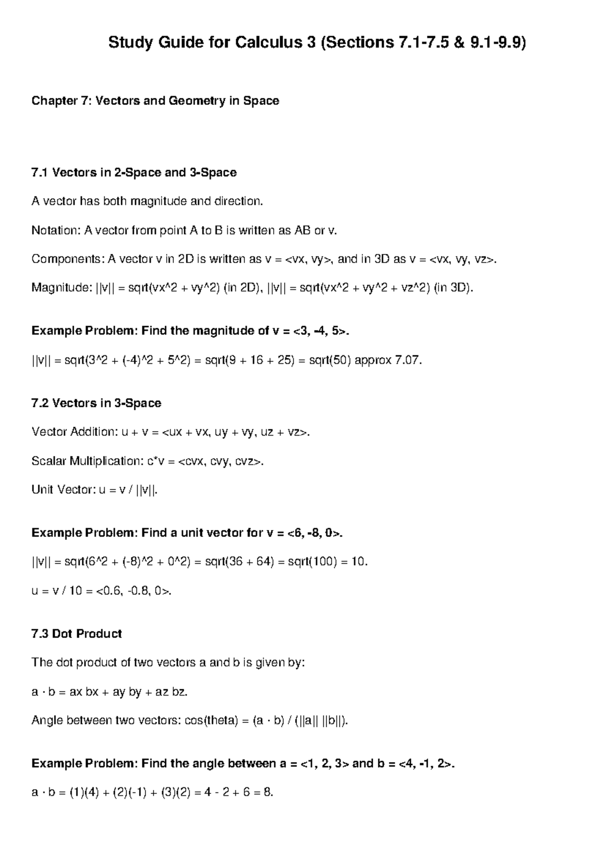 Calculus 3 Study Guide: Vectors & Geometry in Space - Studocu