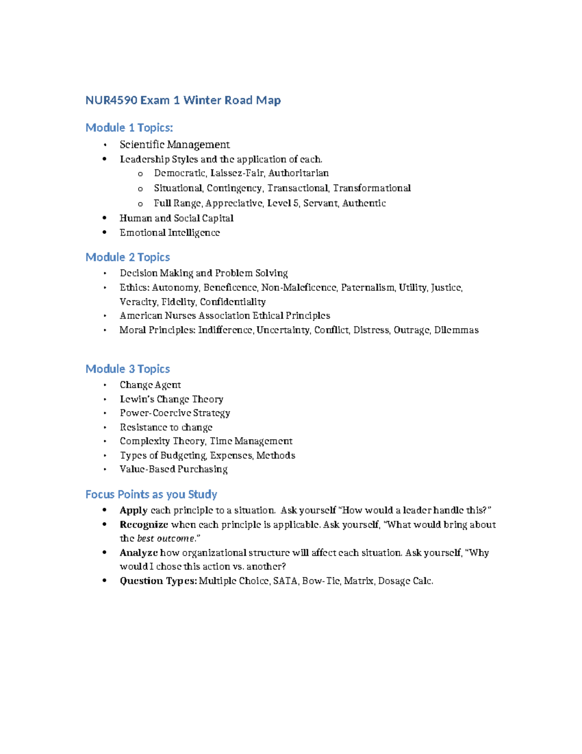 NUR4590 Exam 1 Winter Study Guide: Leadership & Ethics Topics - Studocu