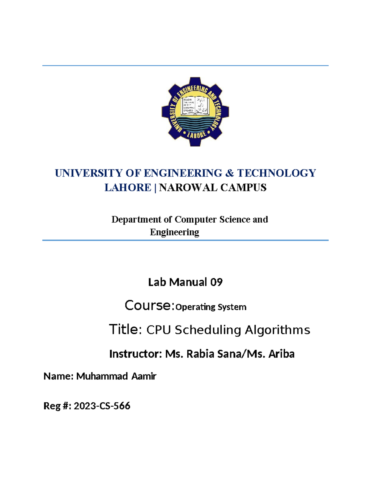 OS Lab #09: CPU Scheduling Algorithms (2023-CS-566) - Studocu