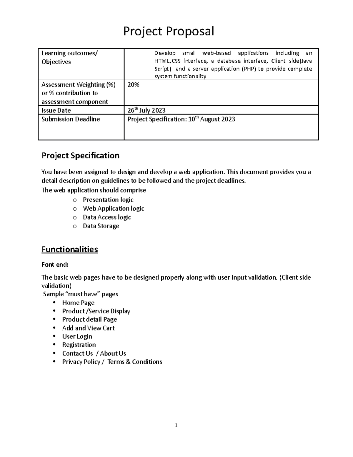 Web Application Development Project Proposal - 2023 - Studocu