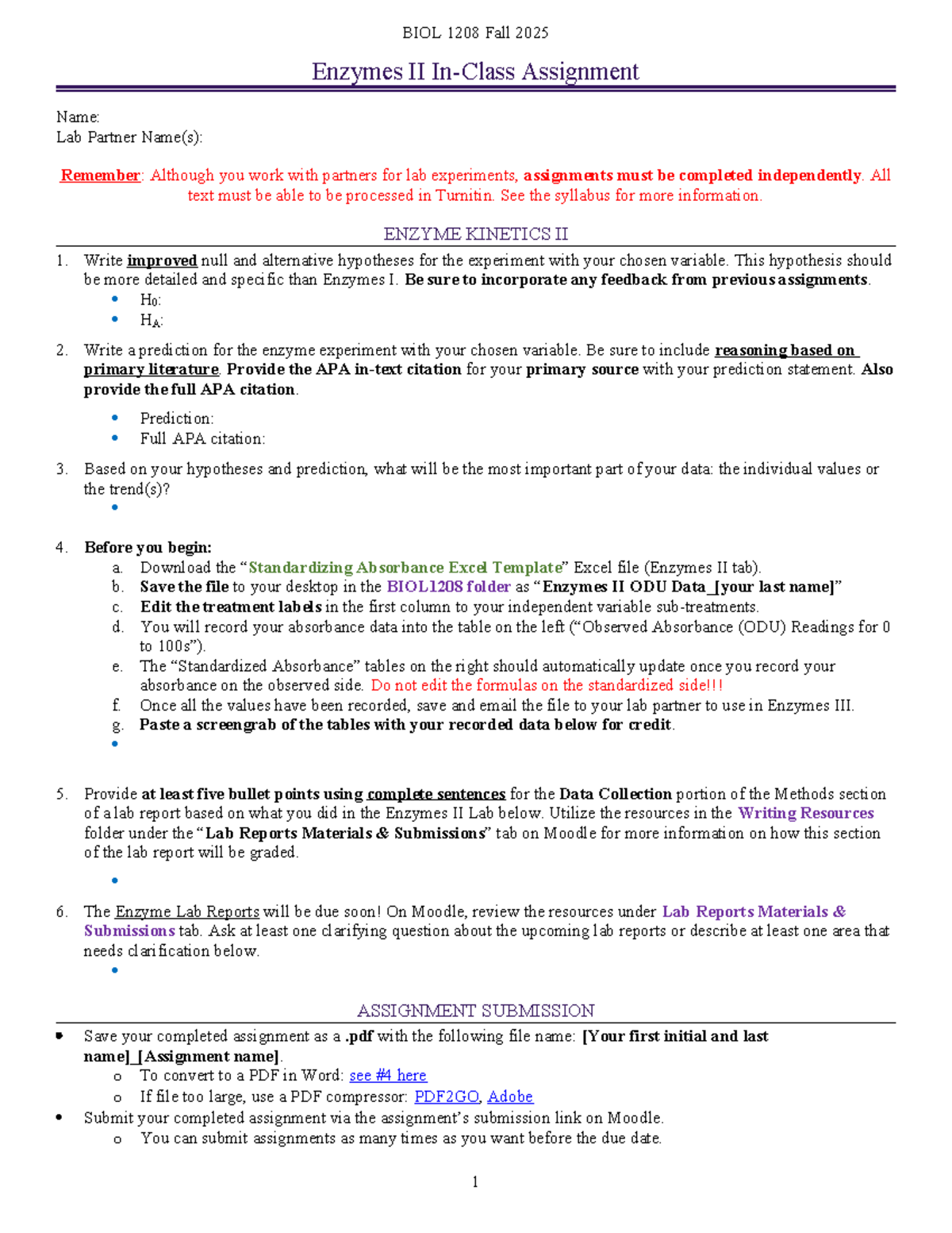BIOL 1208 Fall 2025 Enzyme Kinetics II Lab Assignment - Studocu