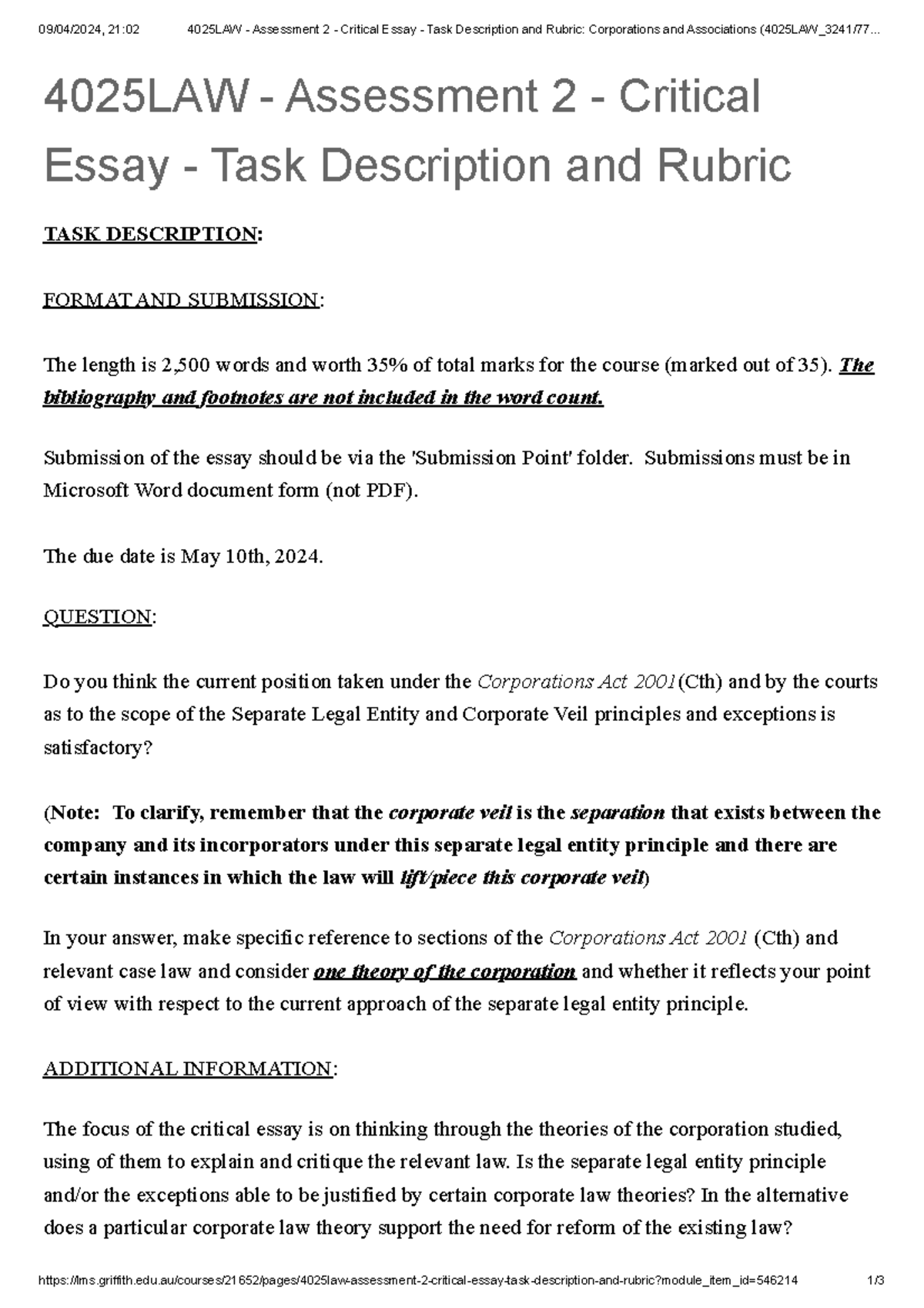 4025LAW - Assessment 2 - Critical Essay - Task Description and Rubric ...