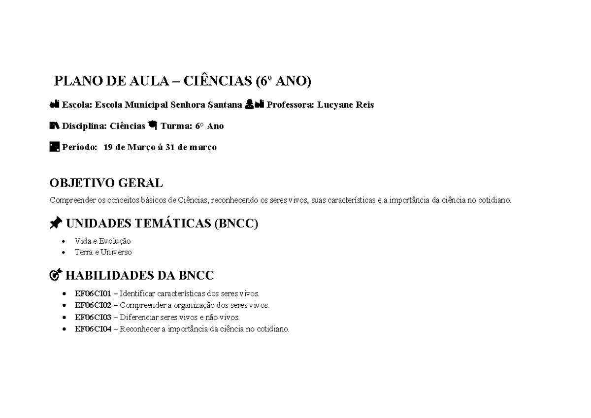 Plano De Aula 6 Ano Cincias Os Principais Rgos E Suas Funes