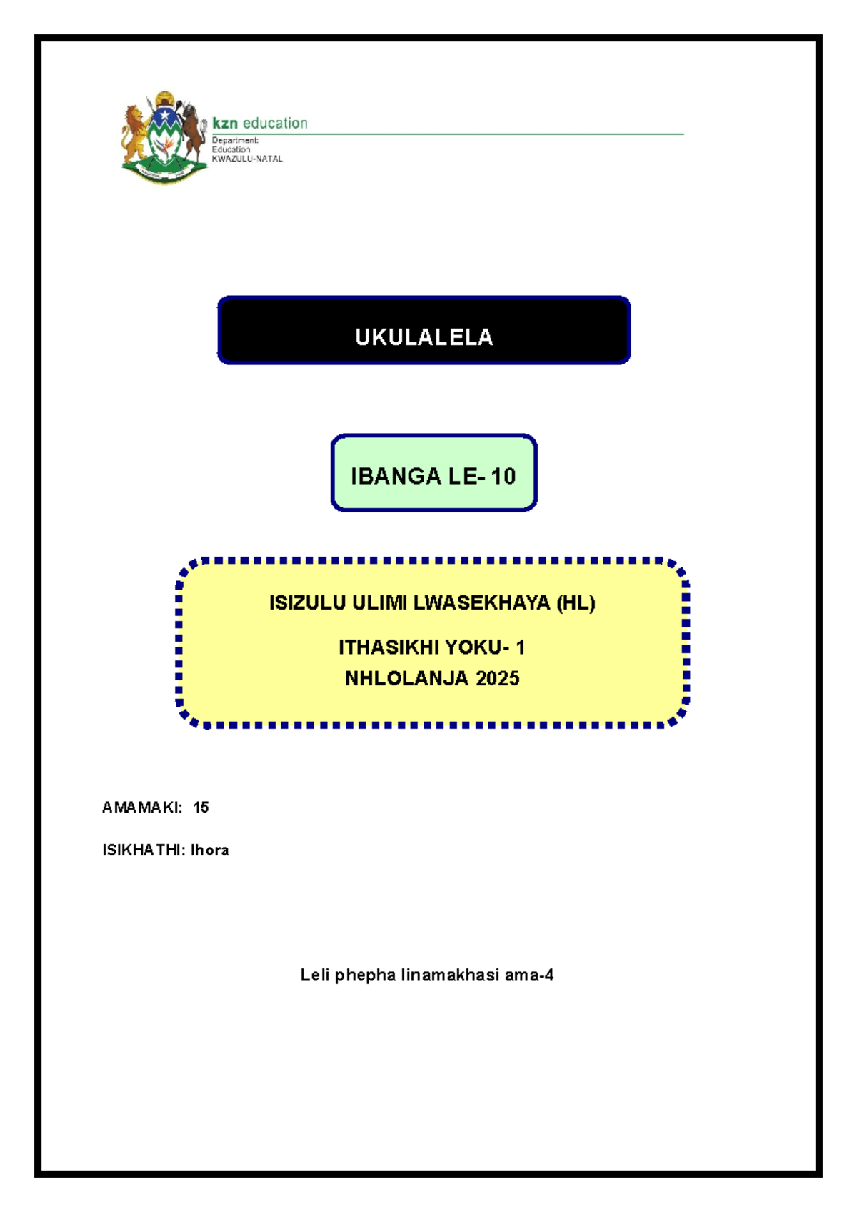 ukulalela-isizulu-hl-thaskhi-1-nhlolanja-2025-ibanga-10-studocu