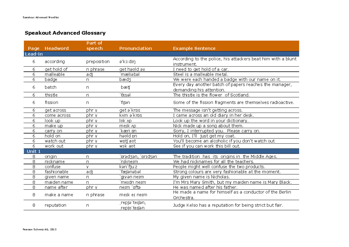 SpeakOut Advanced Vocabulary Glossary for ESL Students - Studocu