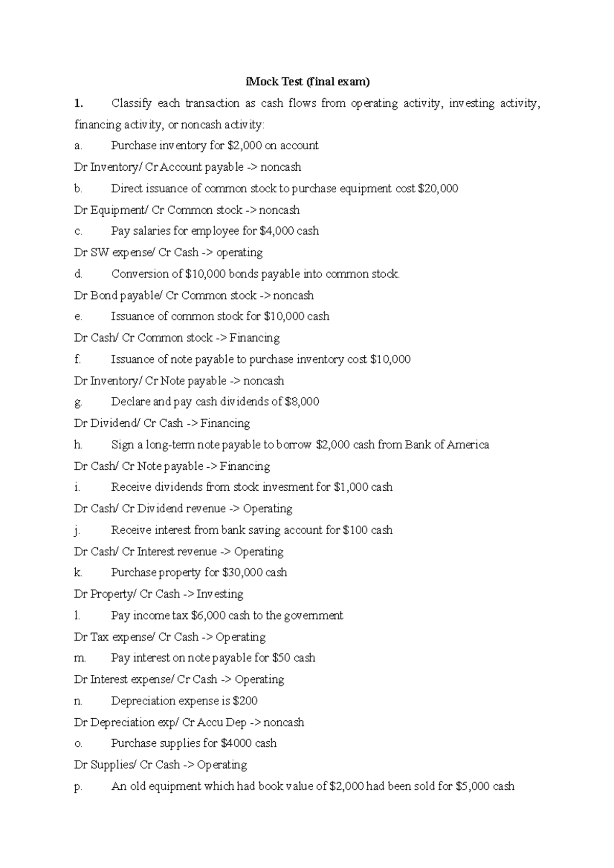 KETE201 - Mock test 1: Cash flow classification and inventory ...