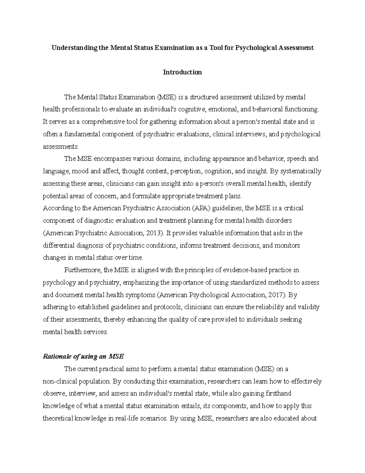 MSE 101: A Comprehensive Guide to Mental Status Examination - Studocu