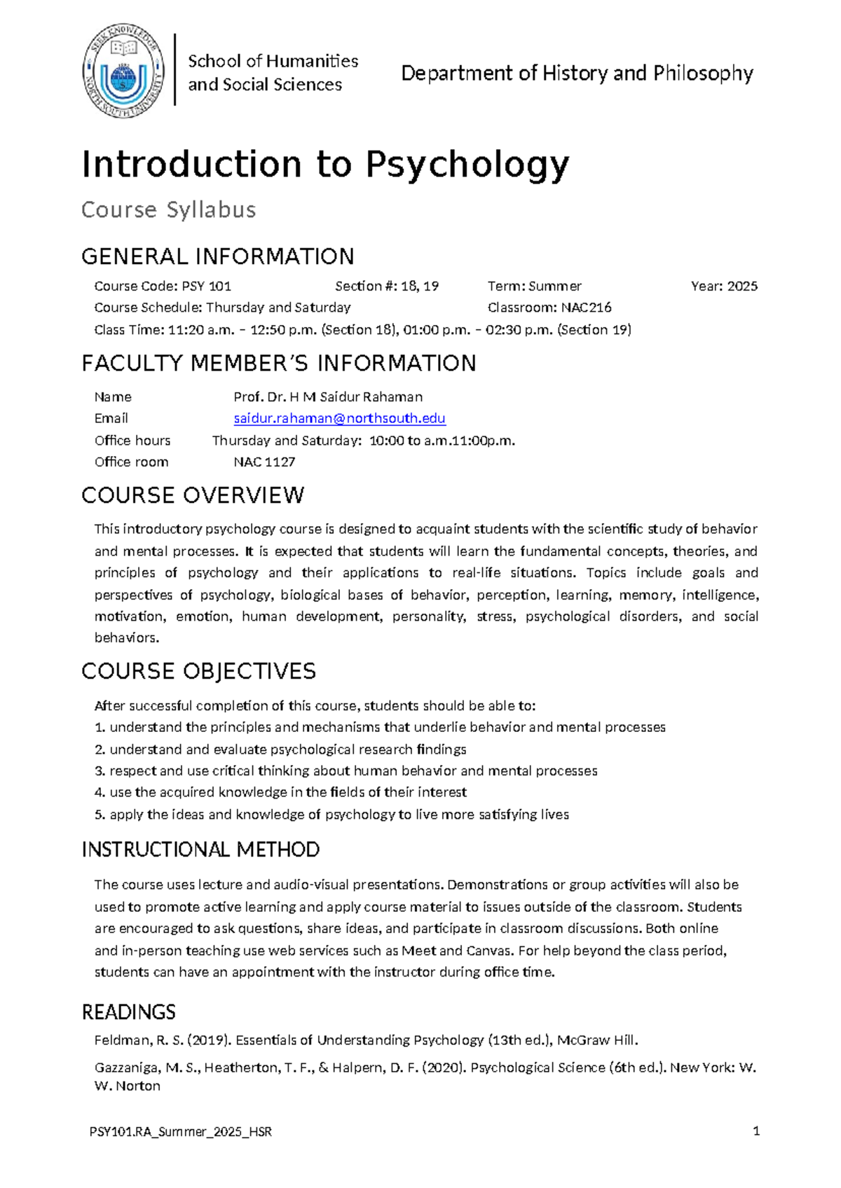 PSY 101 - Introduction to Psychology Course Syllabus (Summer 2025 ...