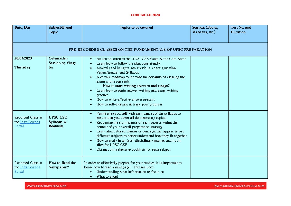 UPSC CSE CORE Batch 2024: Comprehensive Timetable &amp; Prep Guide - Studocu
