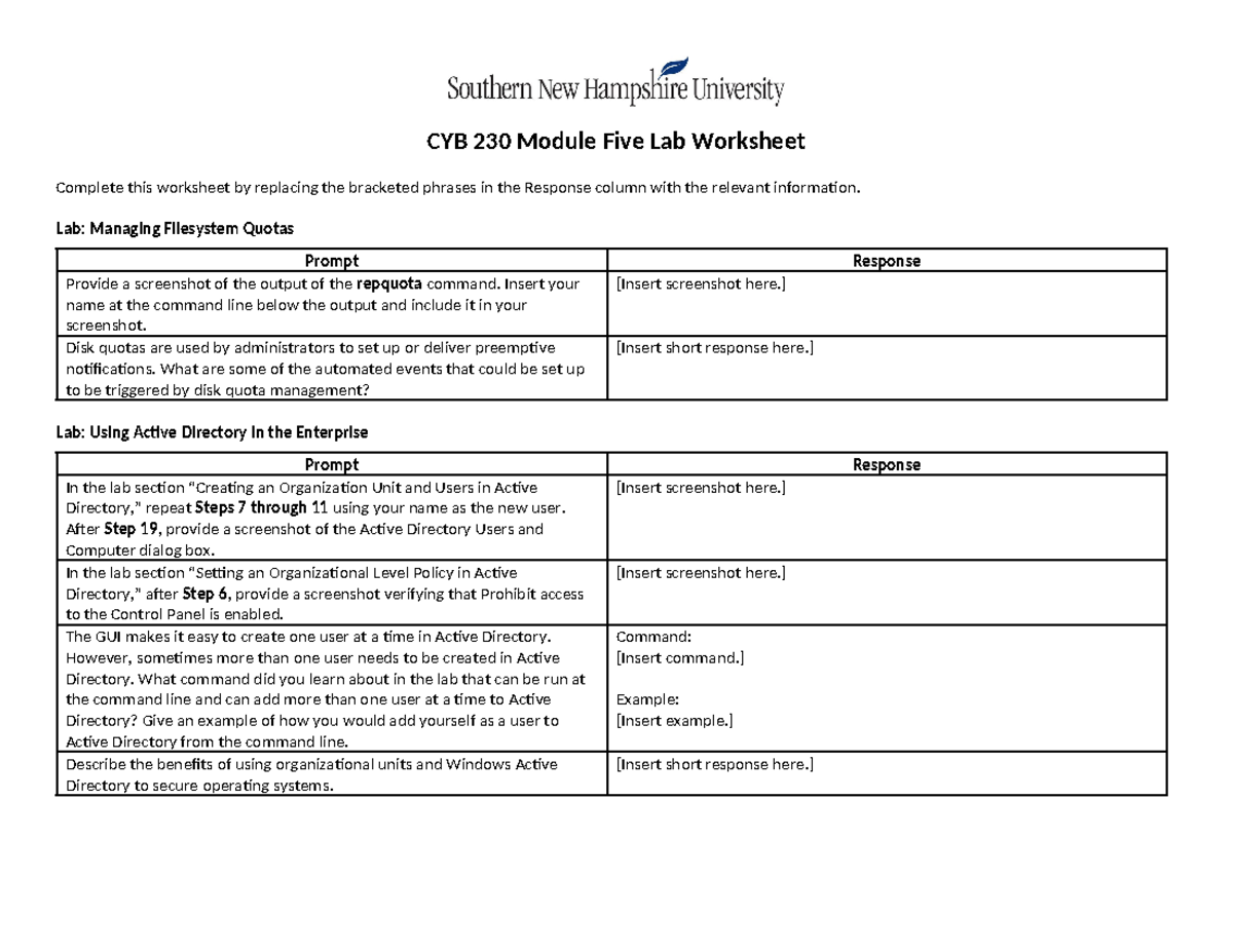 CYB 230 Module 5 Lab: Filesystem Quotas & Active Directory Tasks - Studocu