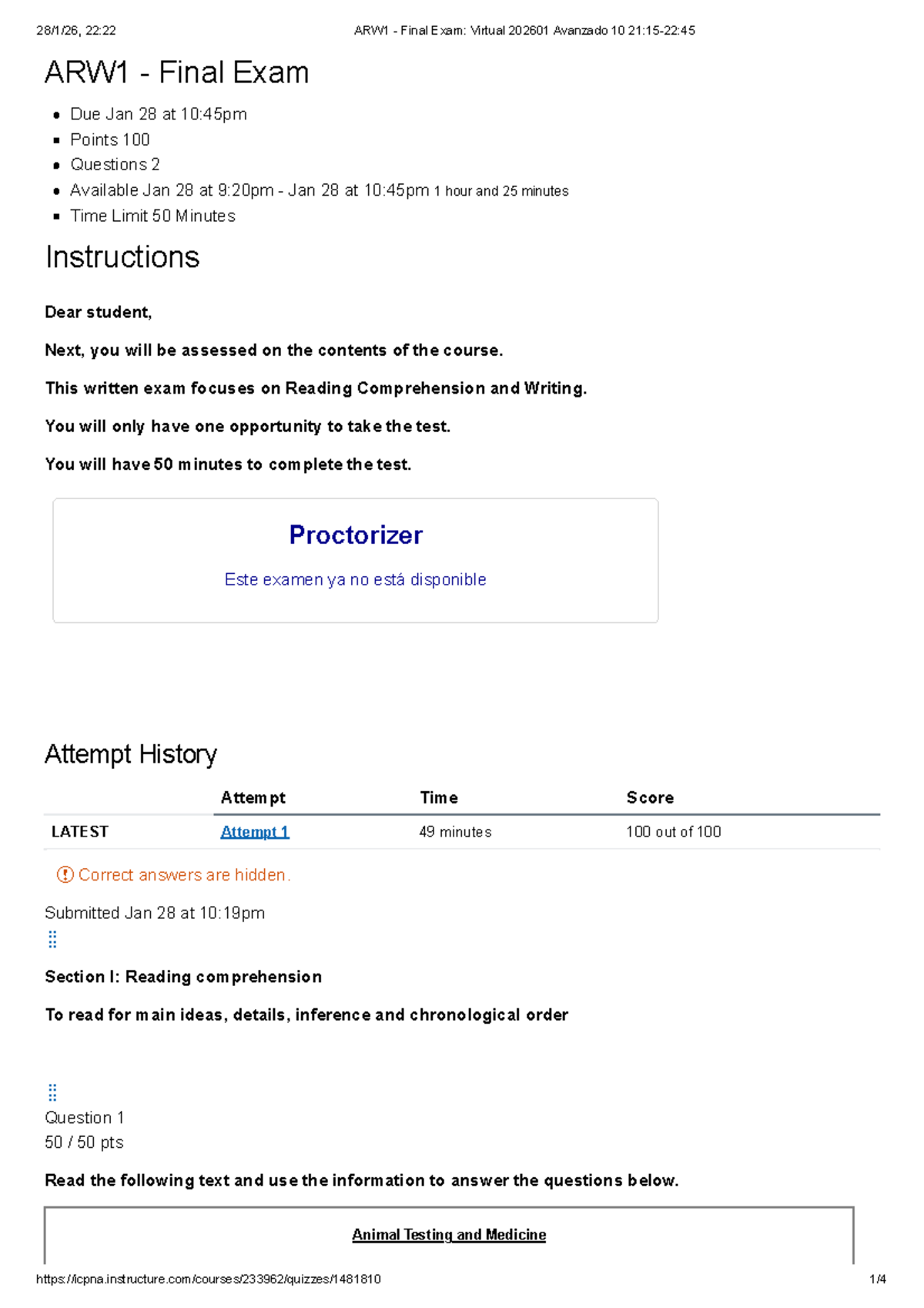 ARW1 Final Exam: Virtual 202601 Avanzado 10 - Animal Testing & Writing ...