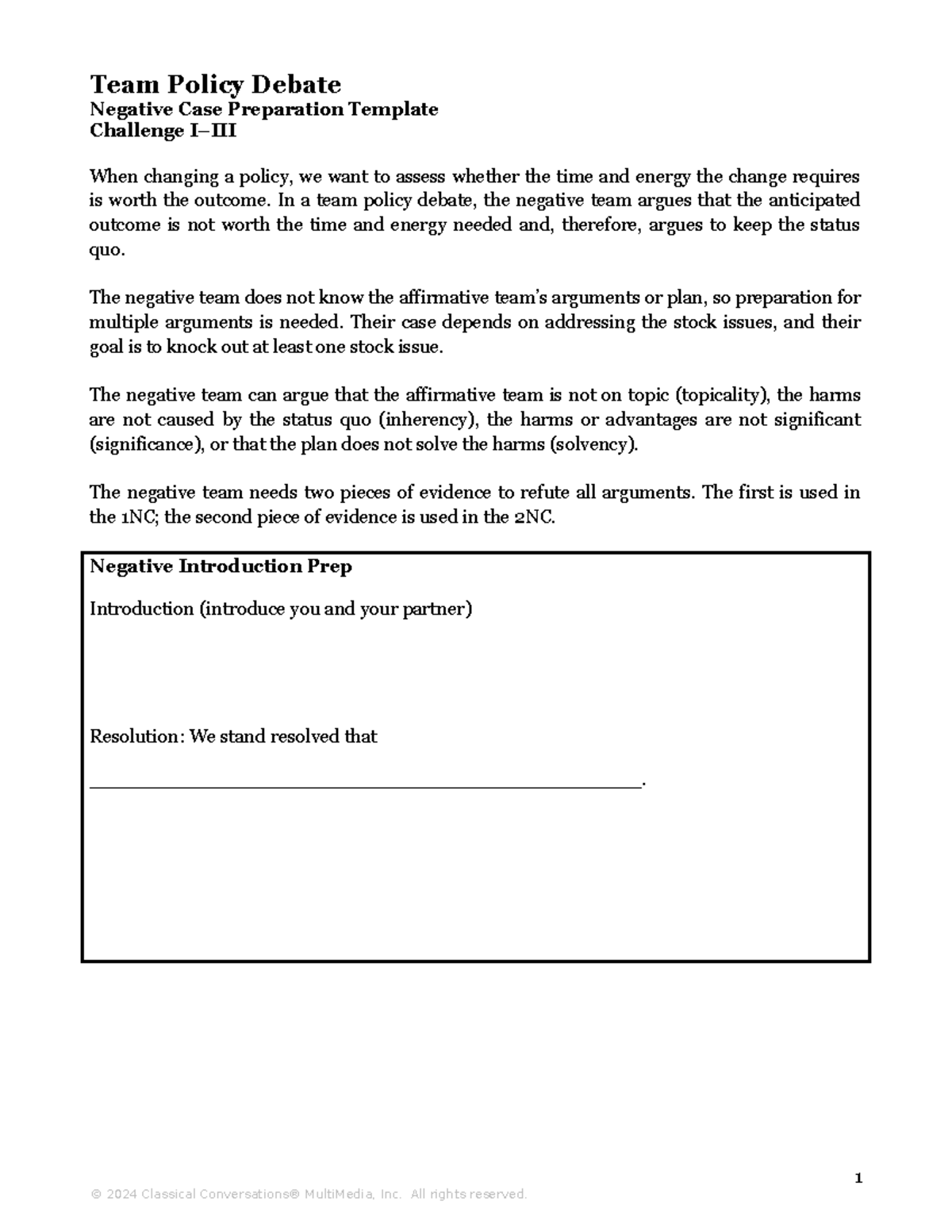 Negative Case Prep Template for Team Policy Debate (Ch I-III) - Studocu