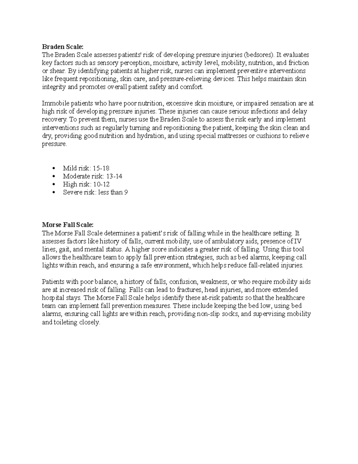 Braden & Morse Scales: Assessing Pressure Injury & Fall Risks - Studocu