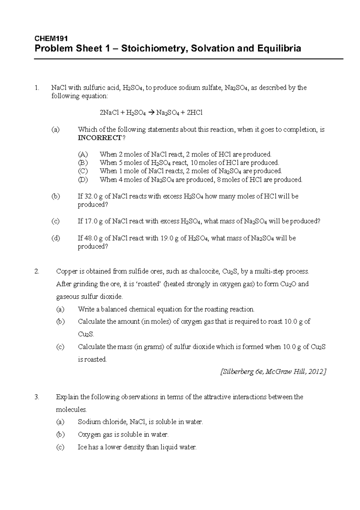 CHEM 101 Problem Sheet 1: Stoichiometry, Solvation & Equilibria - Studocu