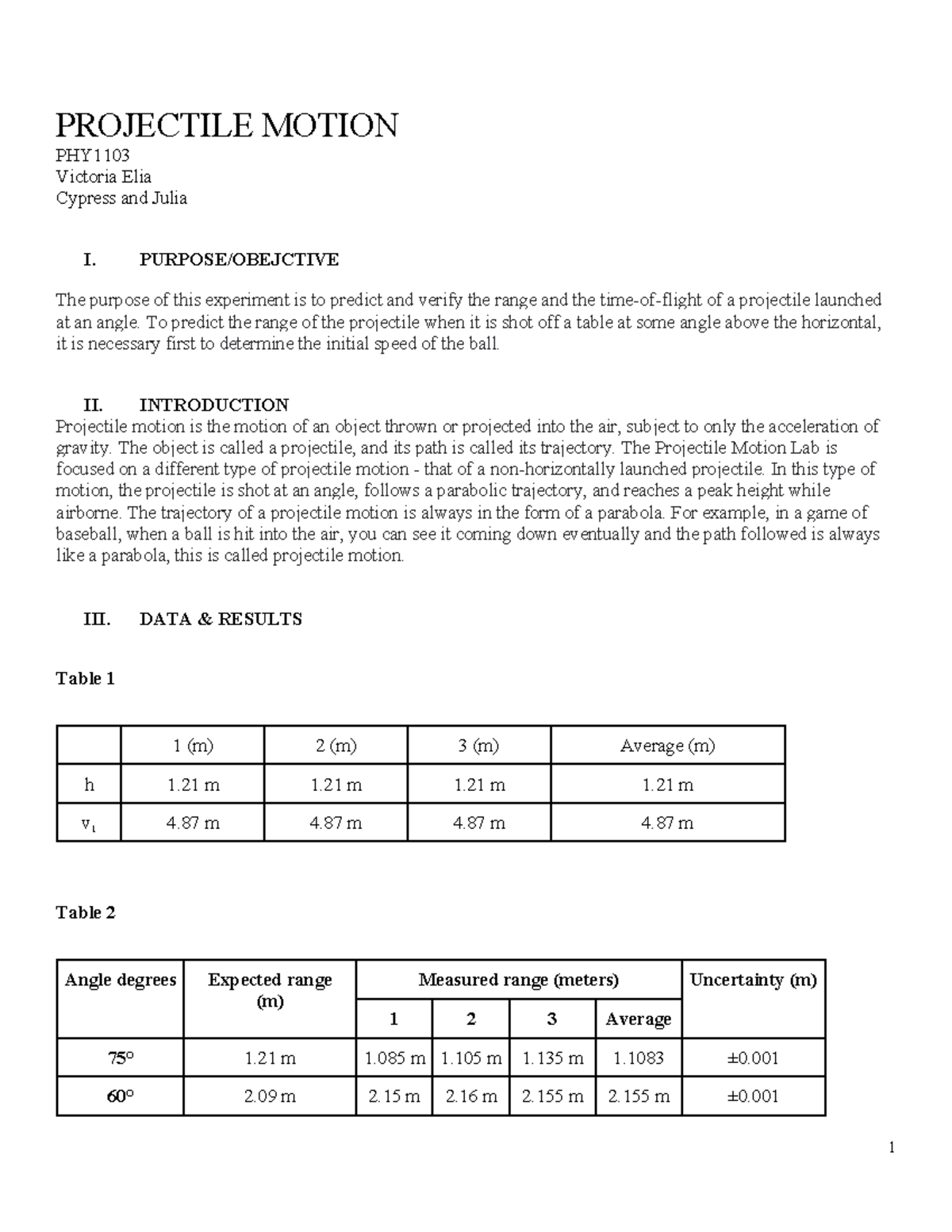 Projectile Motion Lab - PHY: Range & Time-of-Flight Analysis - Studocu