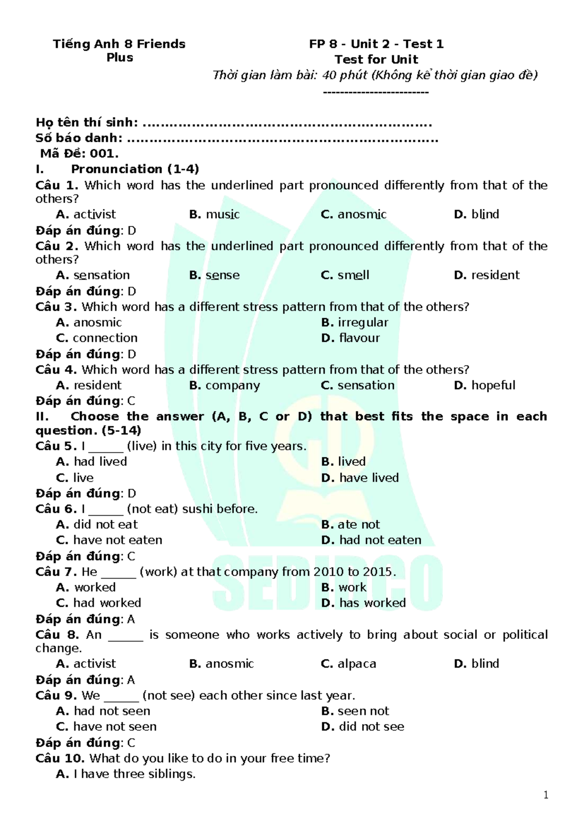 Tiếng Anh 8 FP 8 Unit 2 Test 1 with Answer Key - Studocu