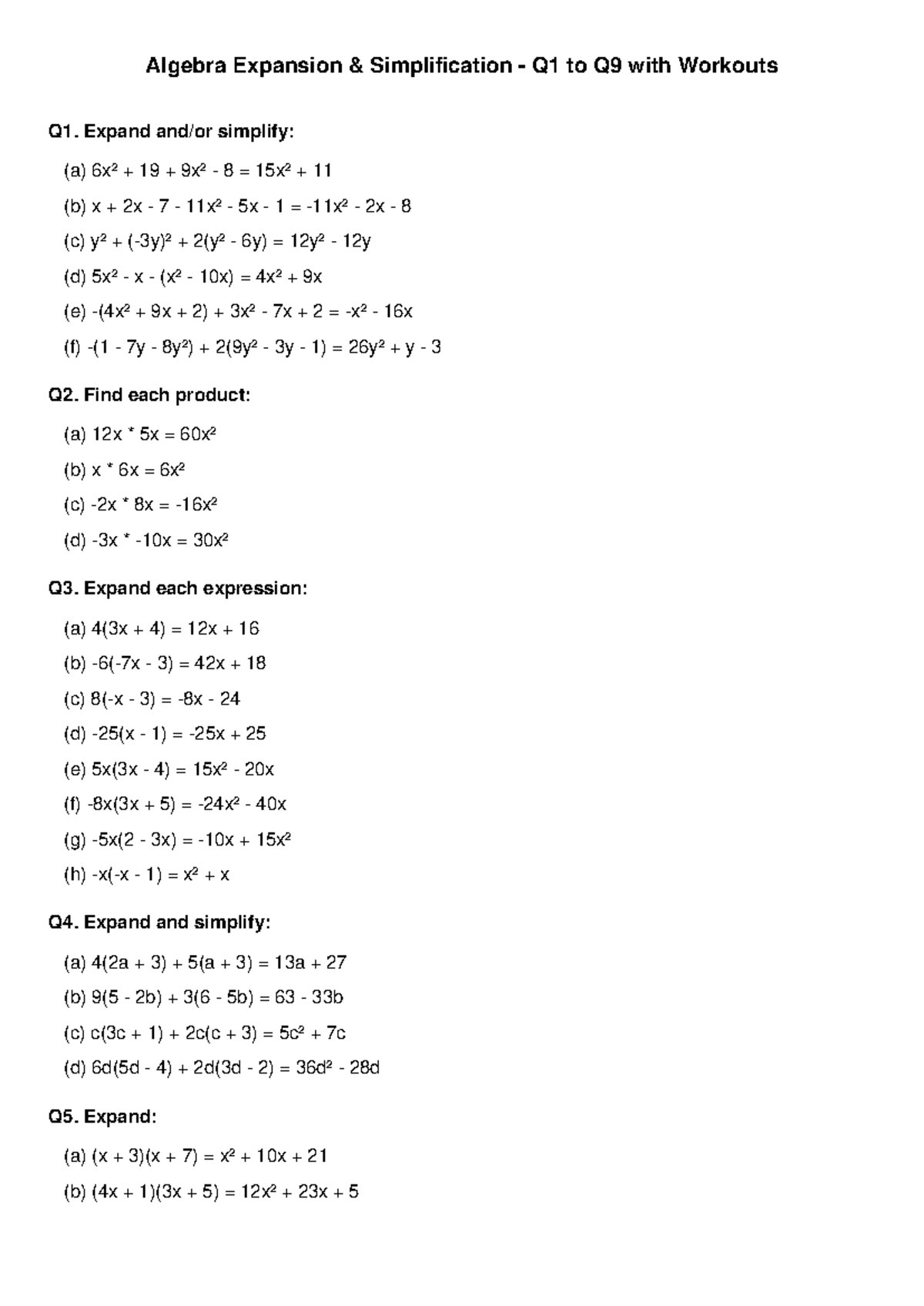 Algebra 101 - Expansion & Simplification Q1 to Q9 Workouts - Studocu