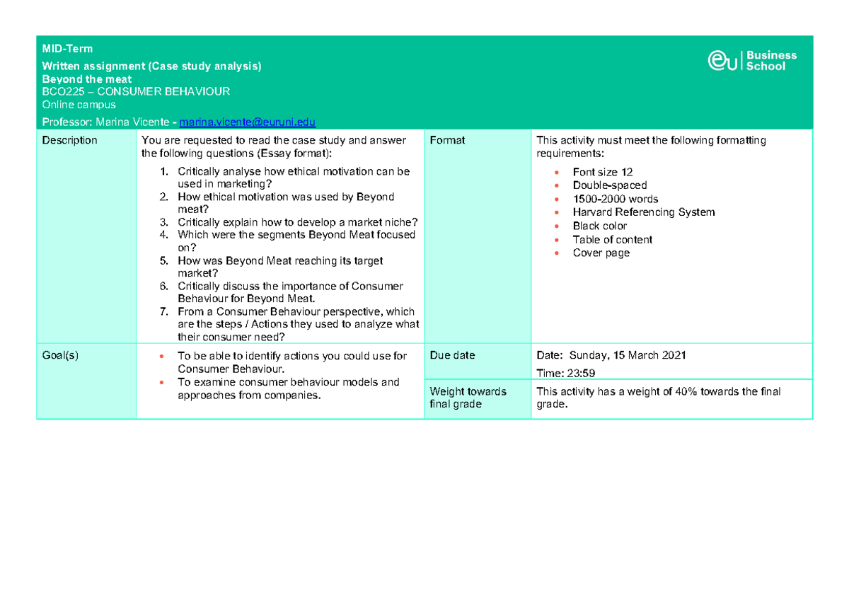 BCO225 - Case Study Analysis on Consumer Behaviour & Beyond Meat - Studocu