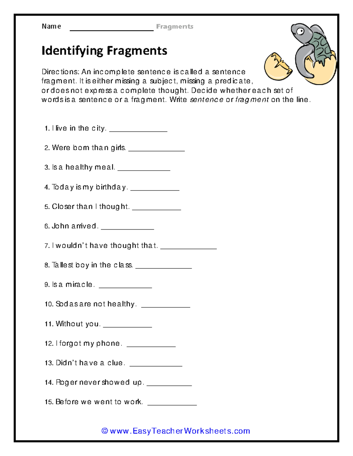 Copy of Identifying Fragments - Name Fragments ©EasyTeacherWorksheets ...