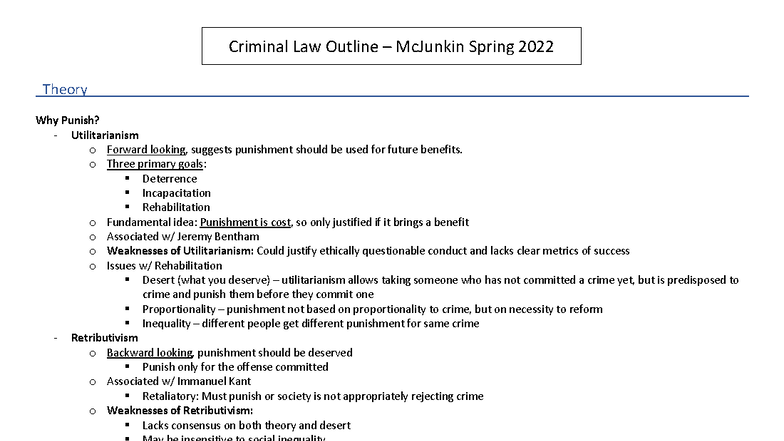 Criminal Law Outline (MCJ 2022) - Theories of Punishment and ...