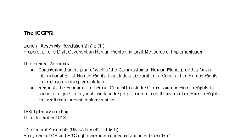 ICCPR - Lecture Notes on Human Rights Draft Covenant and Implementation ...