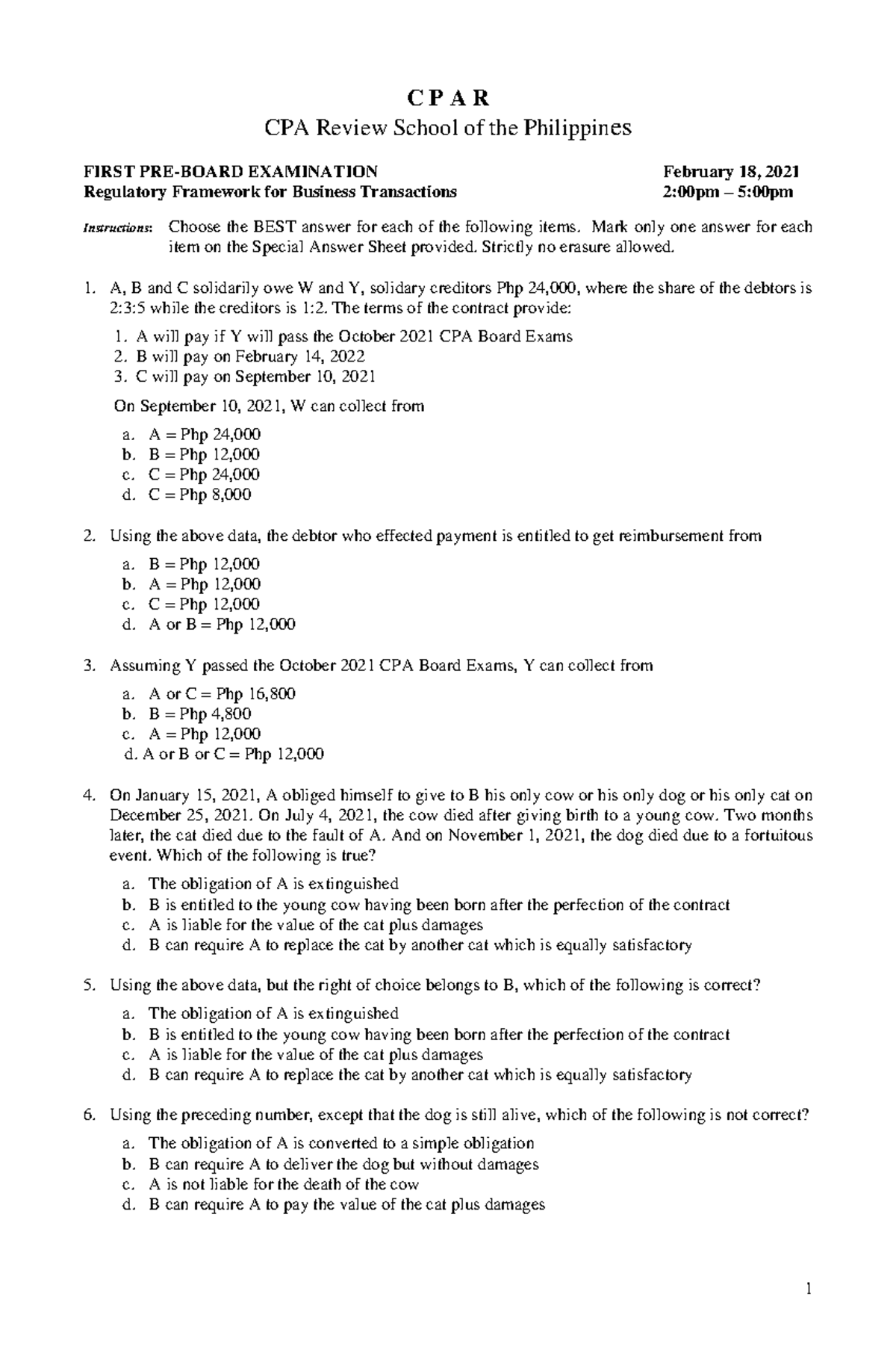 CPAR First PB - RFBT - Exam Notes for Regulatory Framework - Studocu