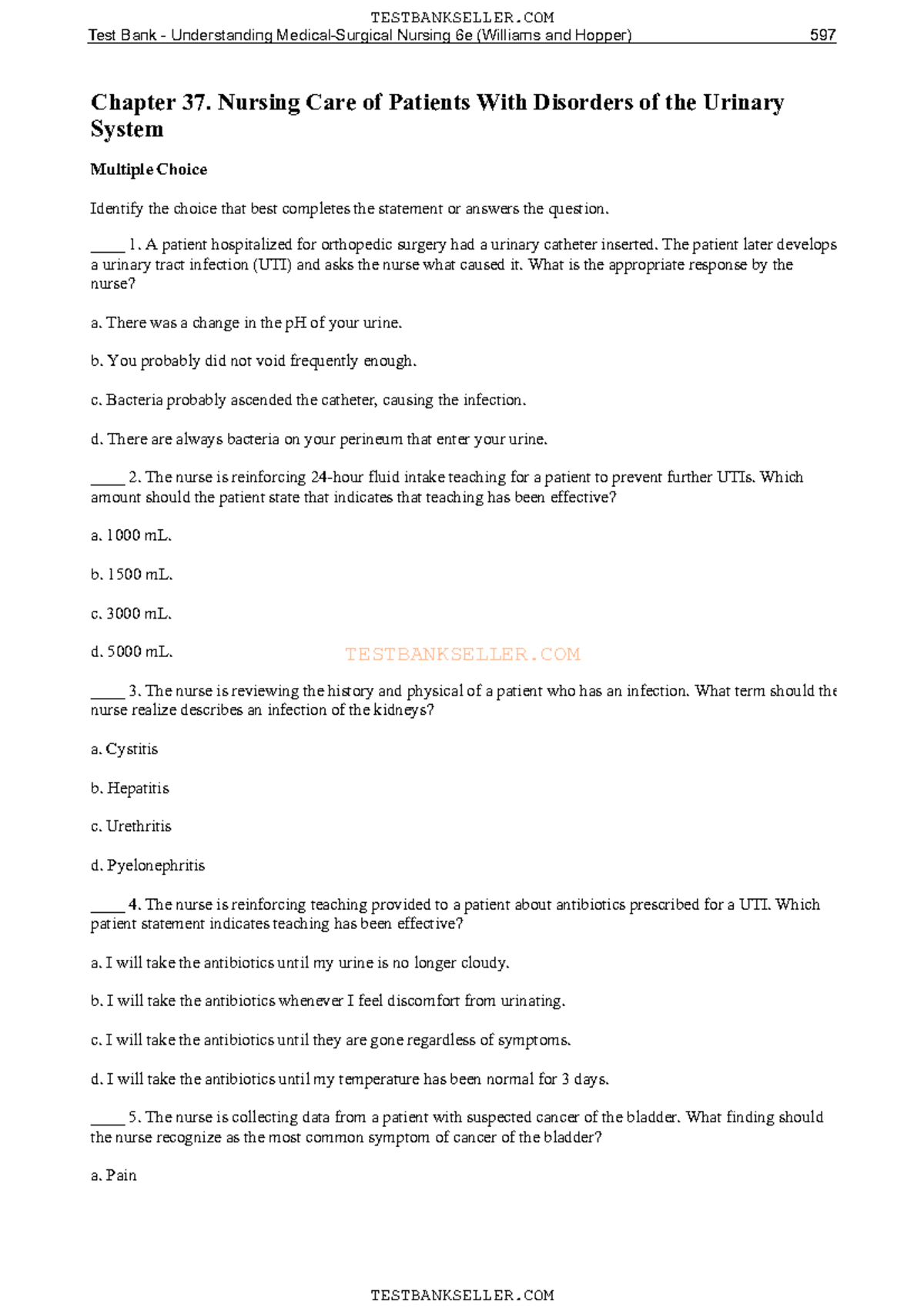 MSN6-Chapter 37: Nursing Care & Test Answers for Urinary Disorders ...