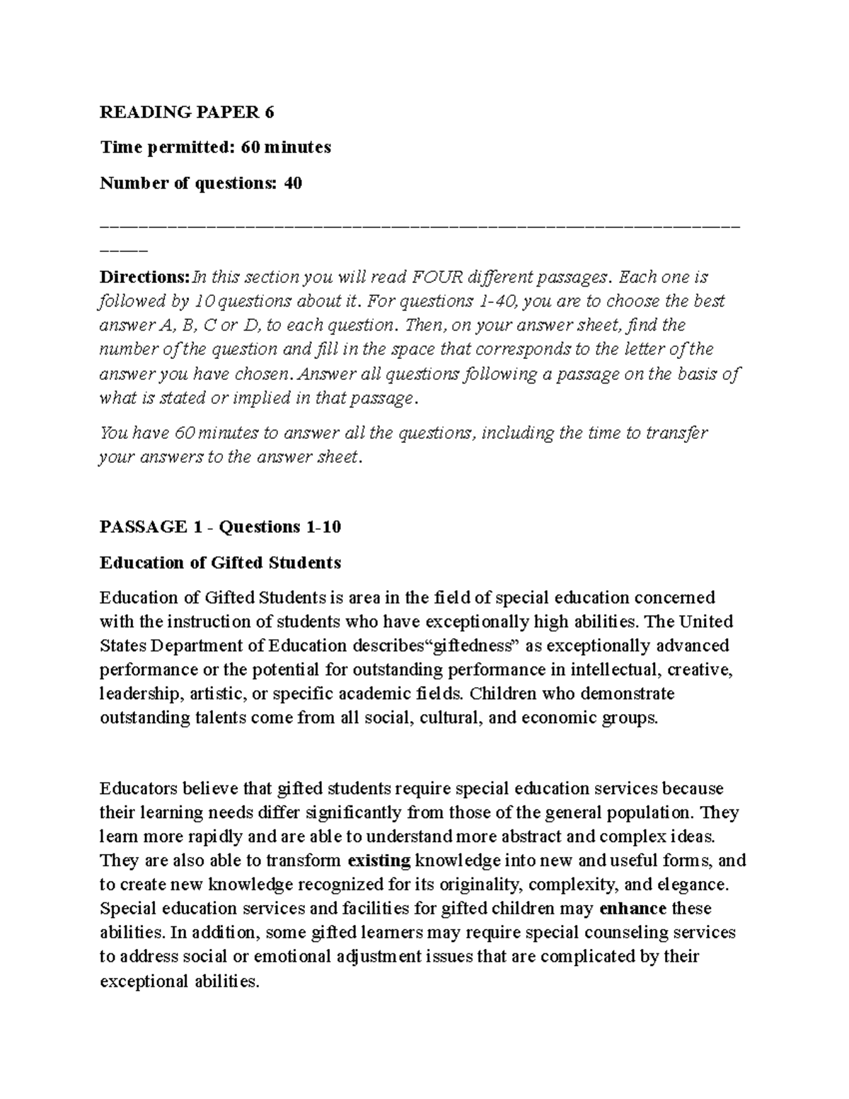 TEST 6 - Reading Comprehension Practice with Four Passages - Studocu
