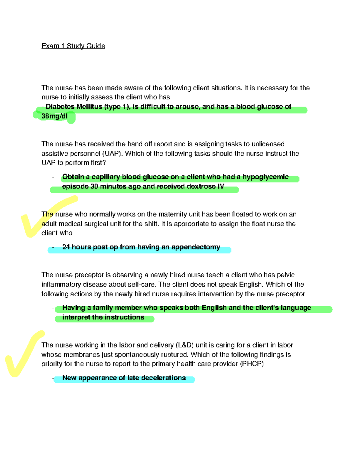 Exam one review - Exam 1 Study Guide The nurse has been made aware of ...