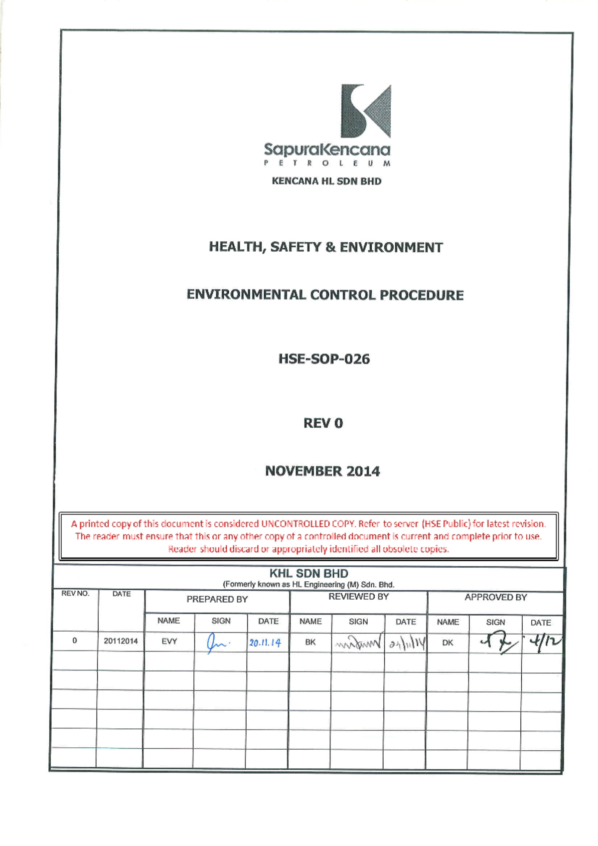 HSE.SOP.026 - Environmental Control Procedure (Rev 0) - KENCANA HL SDN ...