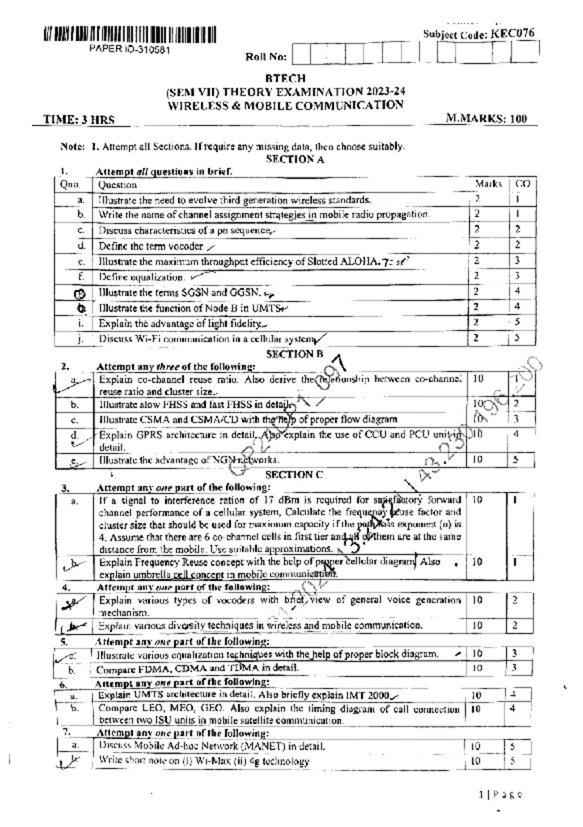 KEC076 Final Exam Notes: Wireless Mobile Communication 2023-24 - Studocu