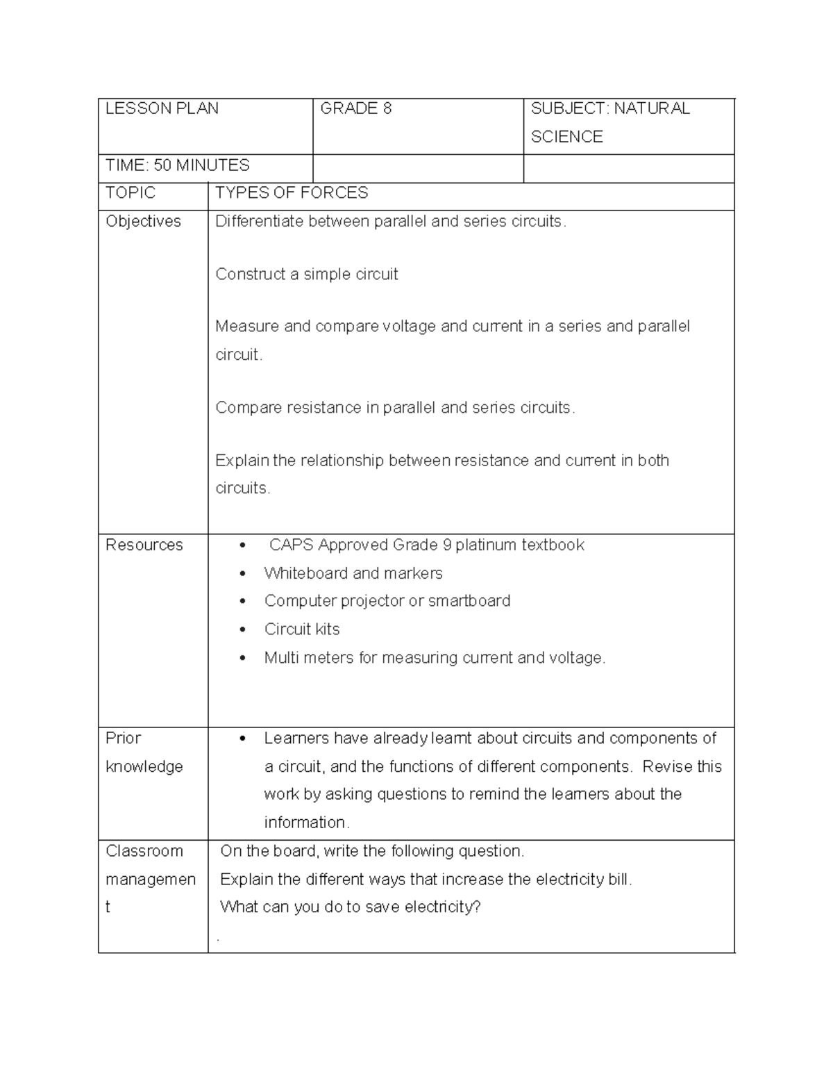 Lesson Plan Grade 8: Parallel and Series Circuits Overview - Studocu