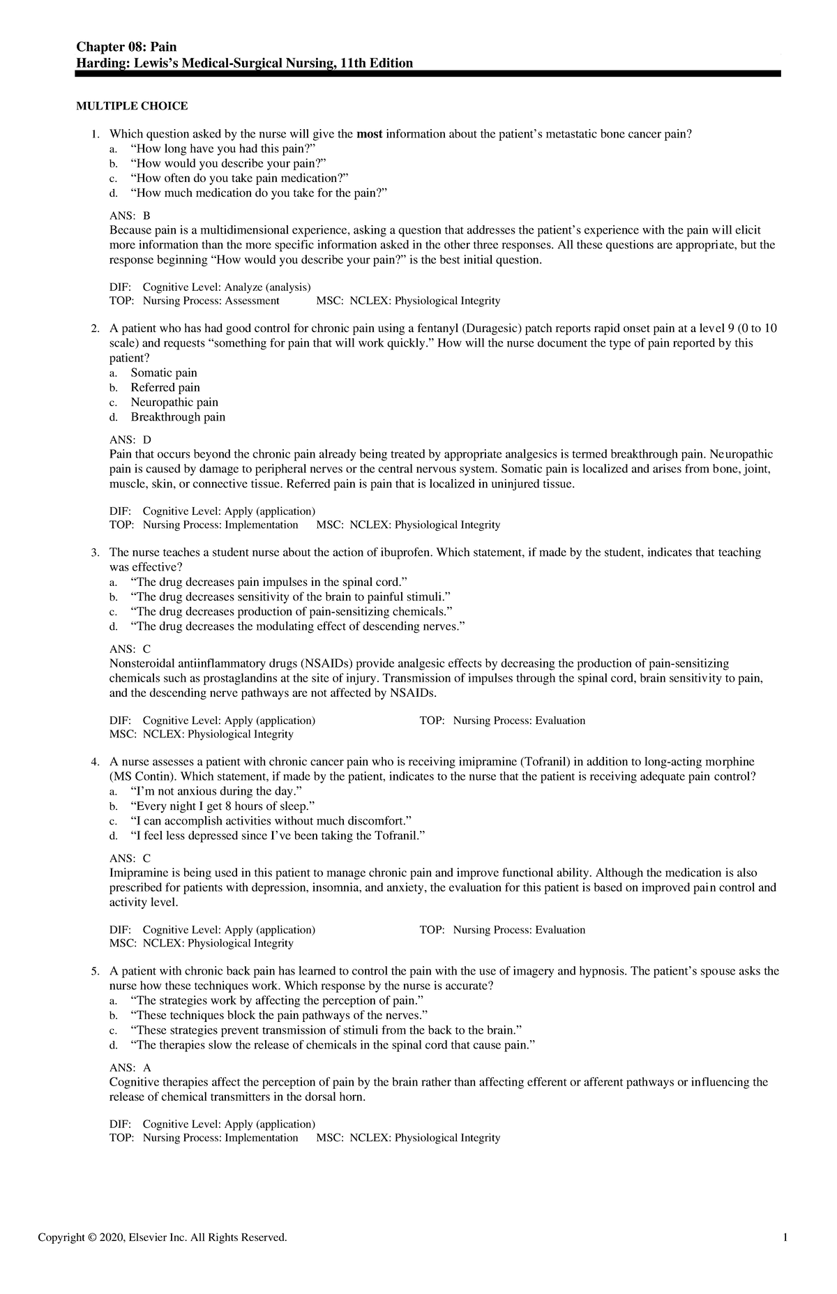 CH8 - Pain Management Practice Questions for Nursing Students - Studocu