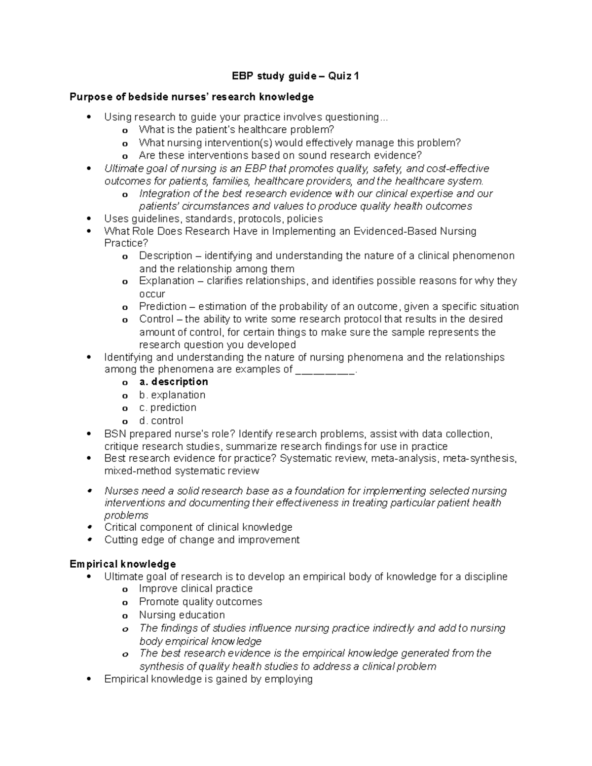 EBP Quiz 1 Study Guide: Understanding Evidence-Based Nursing Practices ...