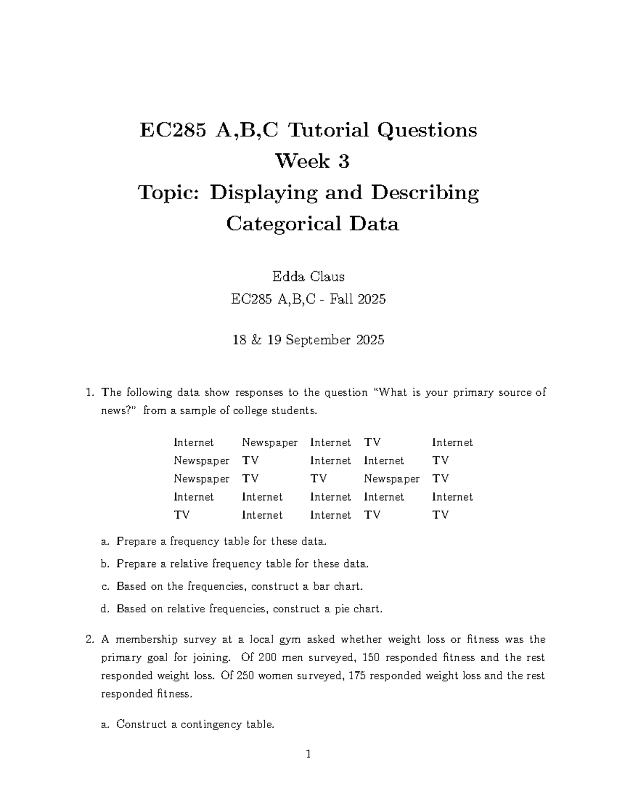 EC285 A,B,C Tutorial Questions - Categorical Data Analysis - Studocu