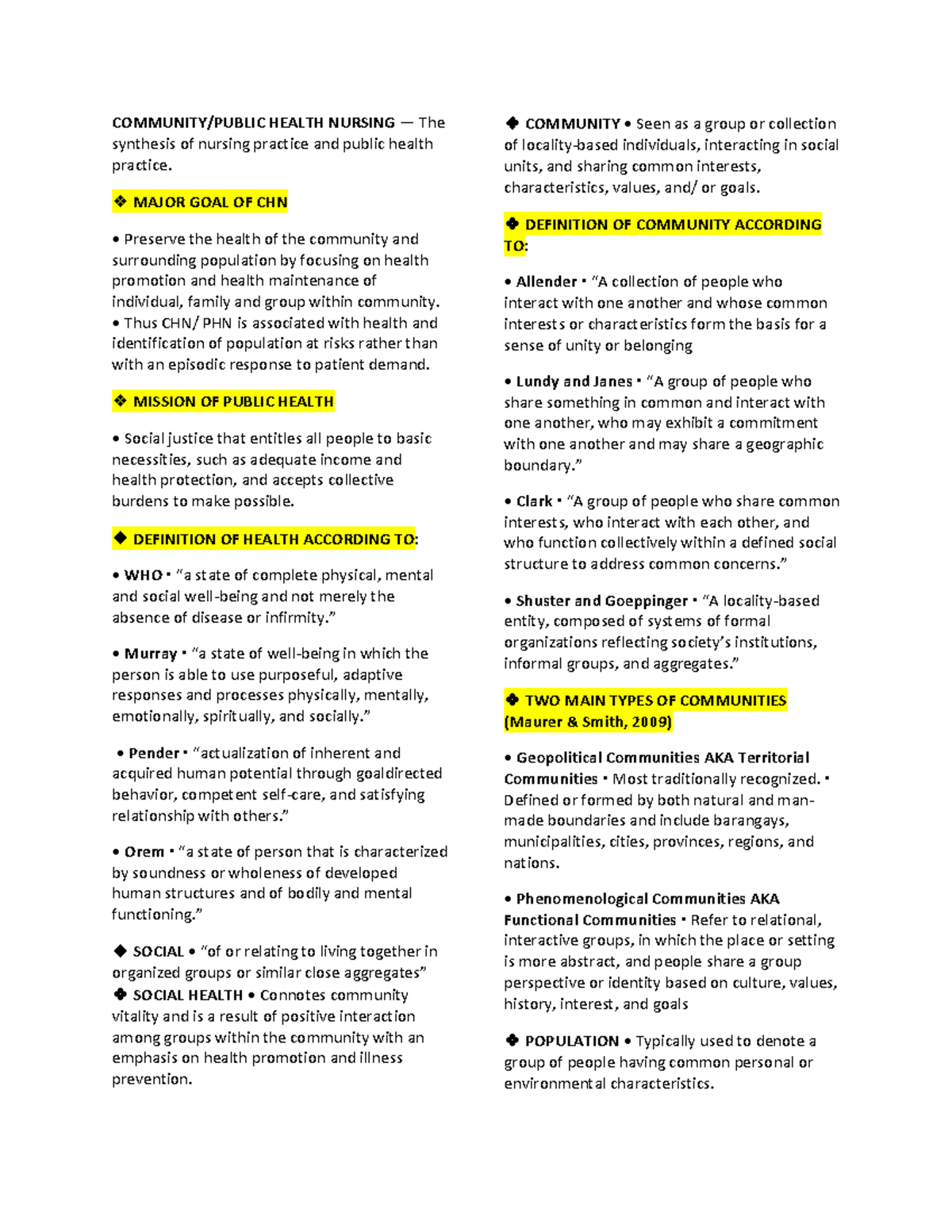 CHN 101: Summary of Maternal and Child Health Nursing Concepts - Studocu