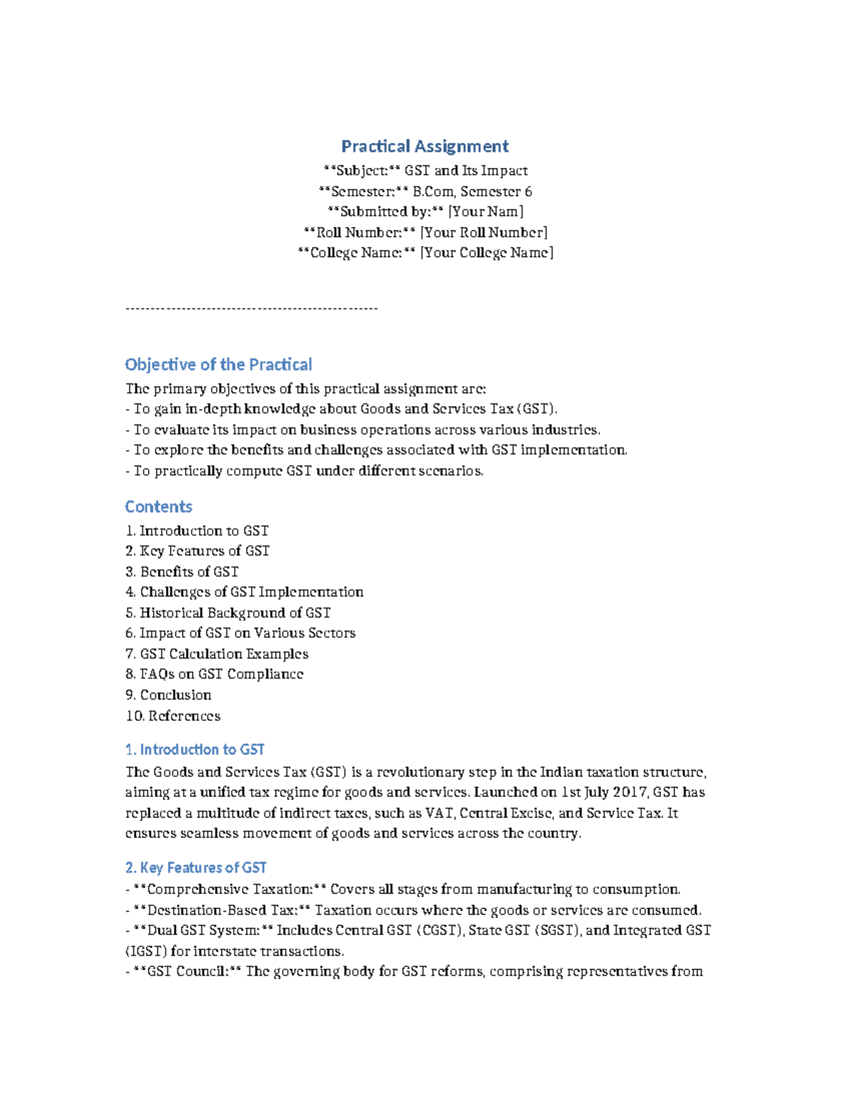 GST Practical Assignment - BCom Sem 6: Exploring GST's Impact ...