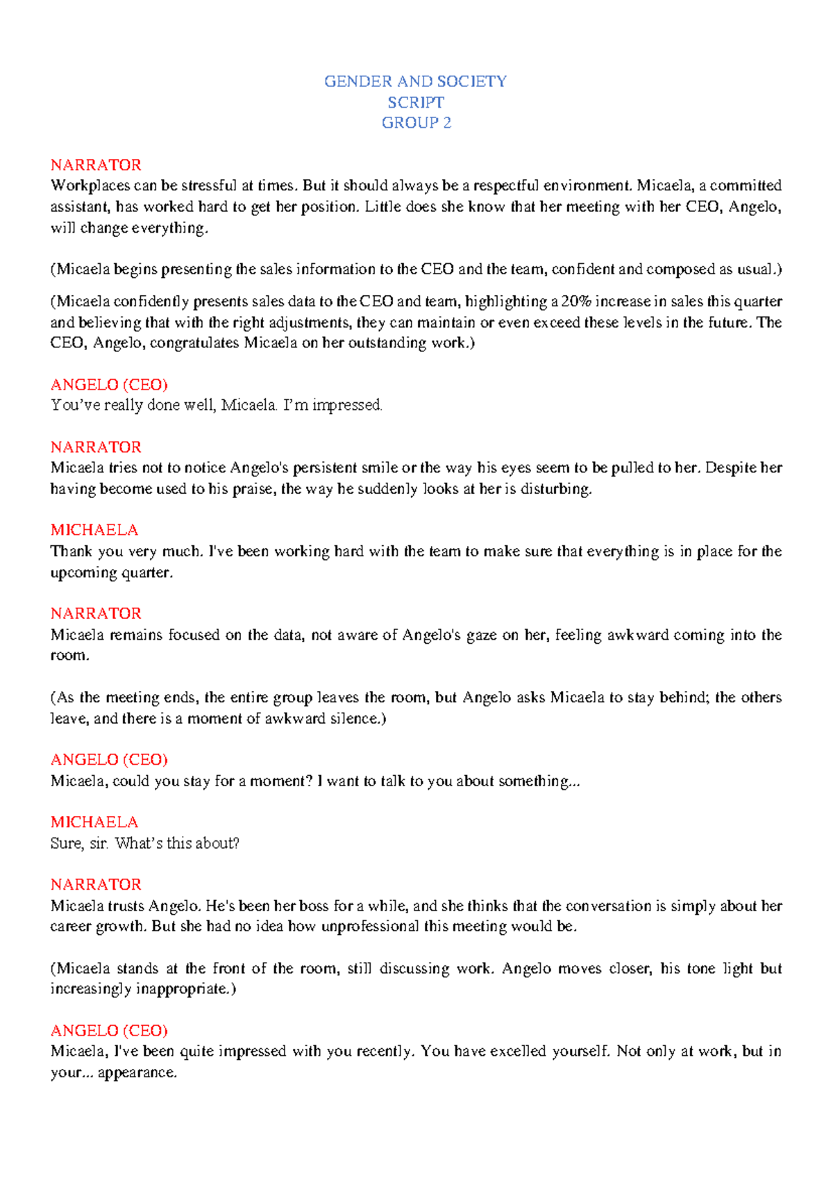 Gensoc G2 Script: Workplace Harassment and Empowerment Narrative - Studocu