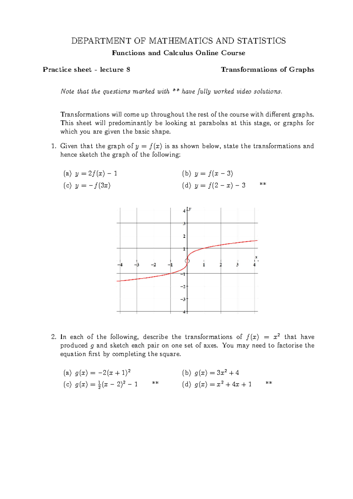 Lecture 8: Transformations of Graphs Practice Sheet - Math 101 - Studocu