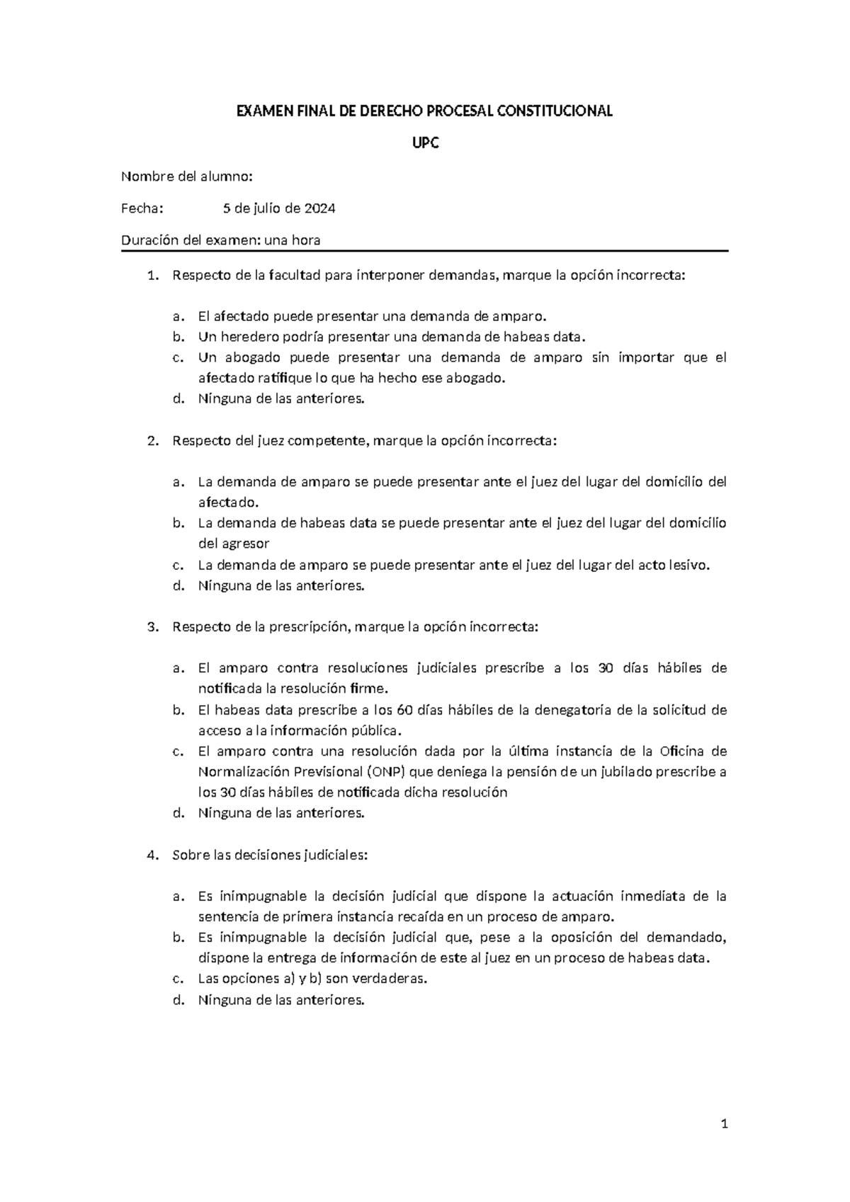 Examen Final DE Derecho Procesal Constitucional UPC - 2024 - Studocu
