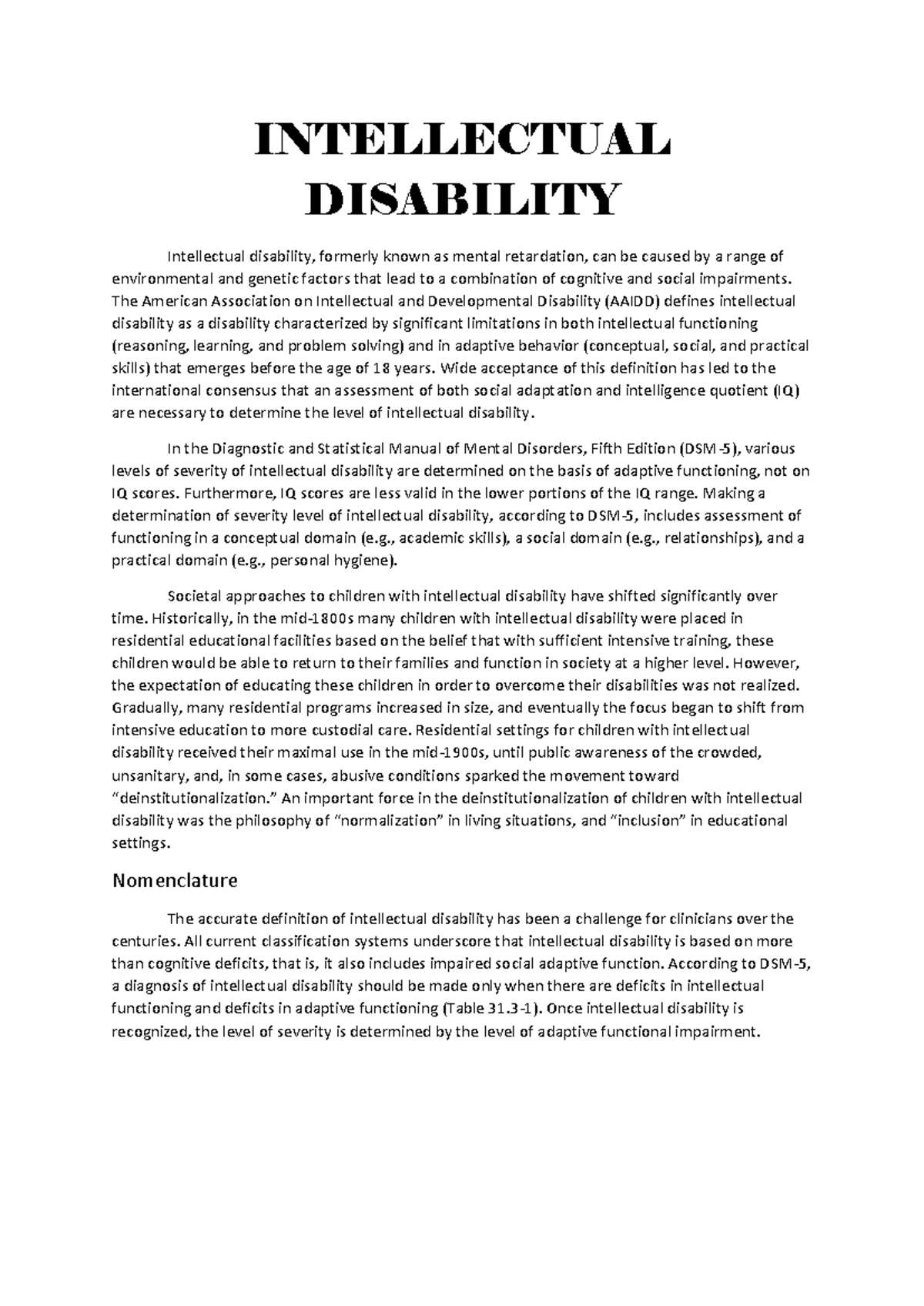 Intellectual Disability - INTELLECTUAL DISABILITY Intellectual ...