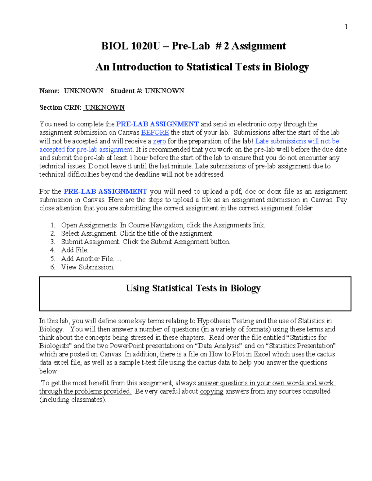 BIOL 1020U – Lab 2: Pre-Lab Assignment on Statistical Tests in Biology ...