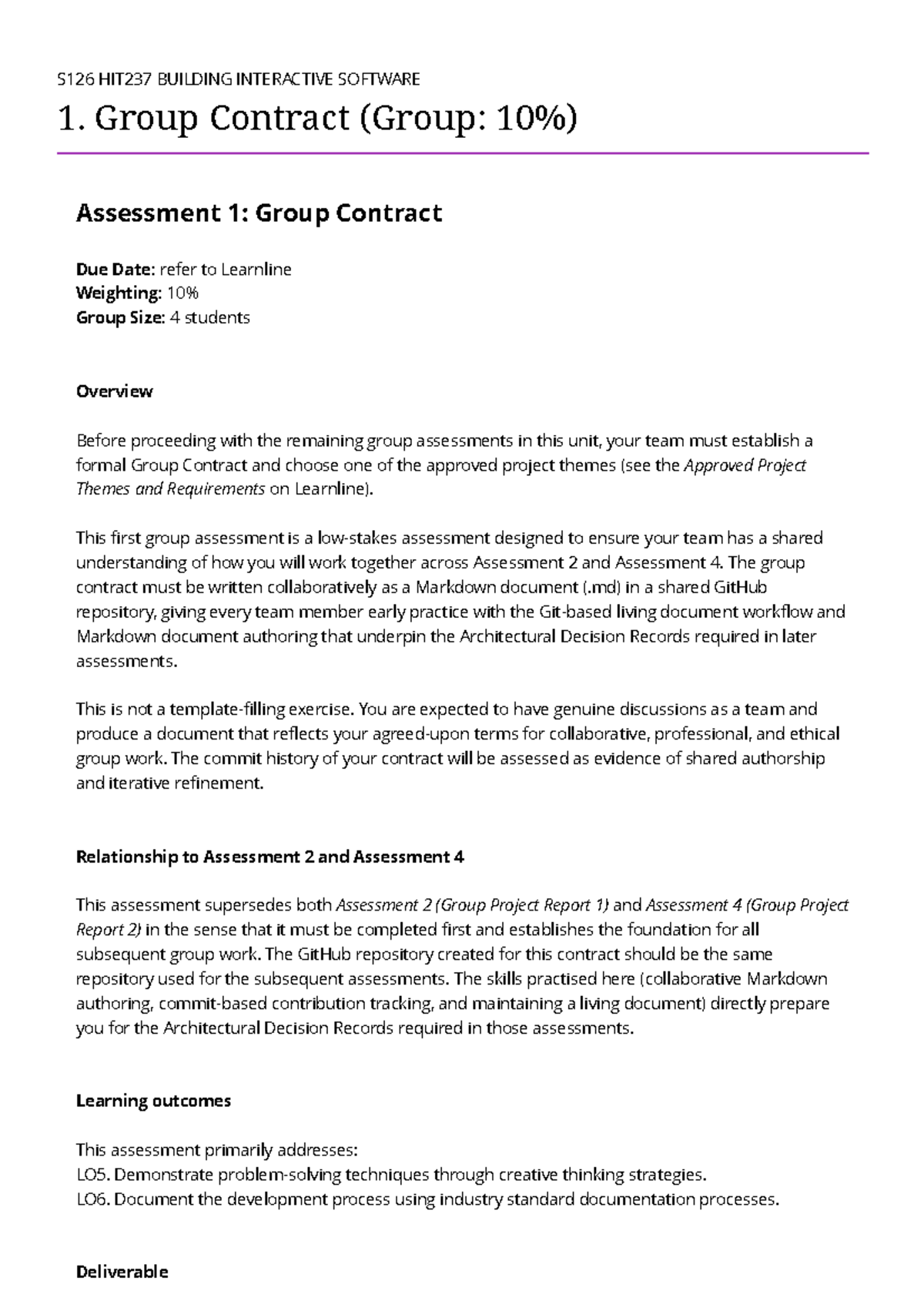 HIT237 2026 Group Contract for Interactive Software Project - Studocu
