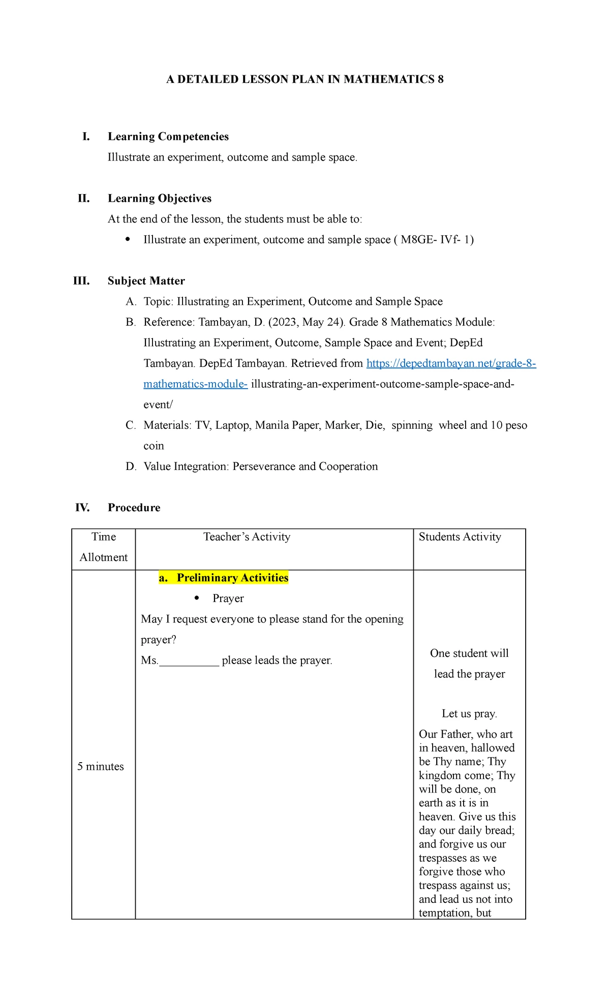 DEMO1 - N/A - A DETAILED LESSON PLAN IN MATHEMATICS 8 I. Learning ...