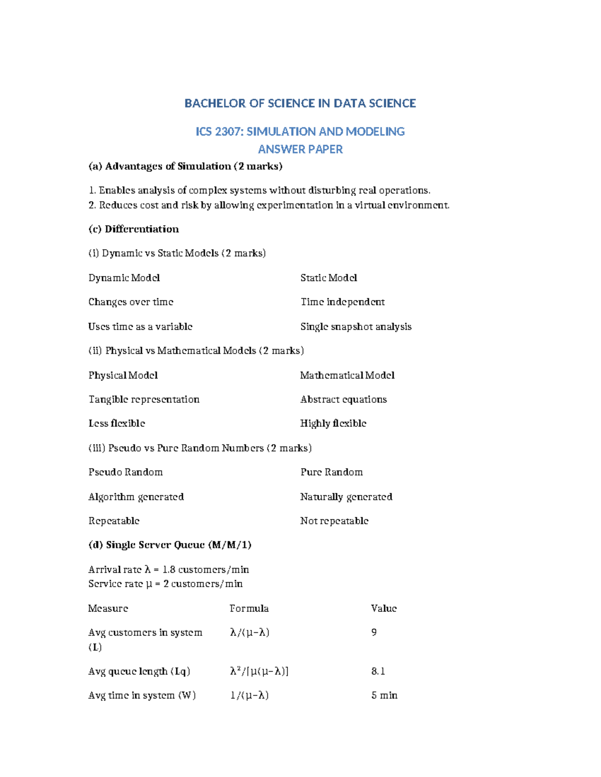 ICS 2307: Simulation and Modeling Answer Paper Summary - Studocu